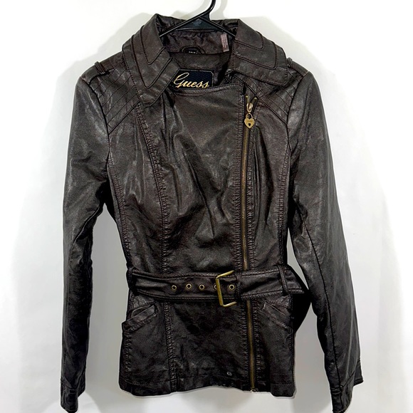 Guess Faux Leather Jacket Dark Brown (almost black) Size Small Y2K - Picture 1 of 13